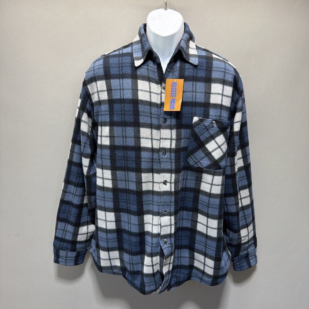 Mens Rugged Point Authentic Blue Plaid Fleece Sherpa Button Up Shacket L NWT